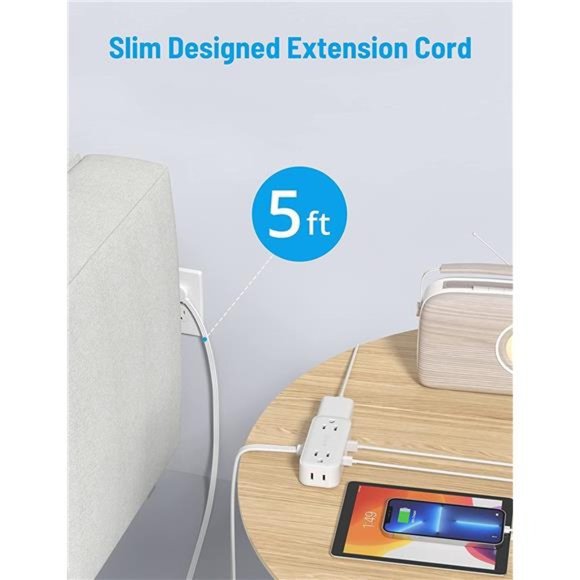 Ultra Flat Plug Power Strip -5ft Flat Extension Cord, 4 Outlets, 4 USB Charger - Picture 4 of 6